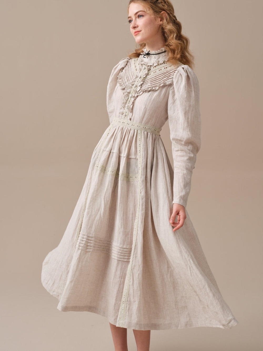 Linennaive EUC Mary 18 Vintage Linen Gown Dress In Cream Sz Large
